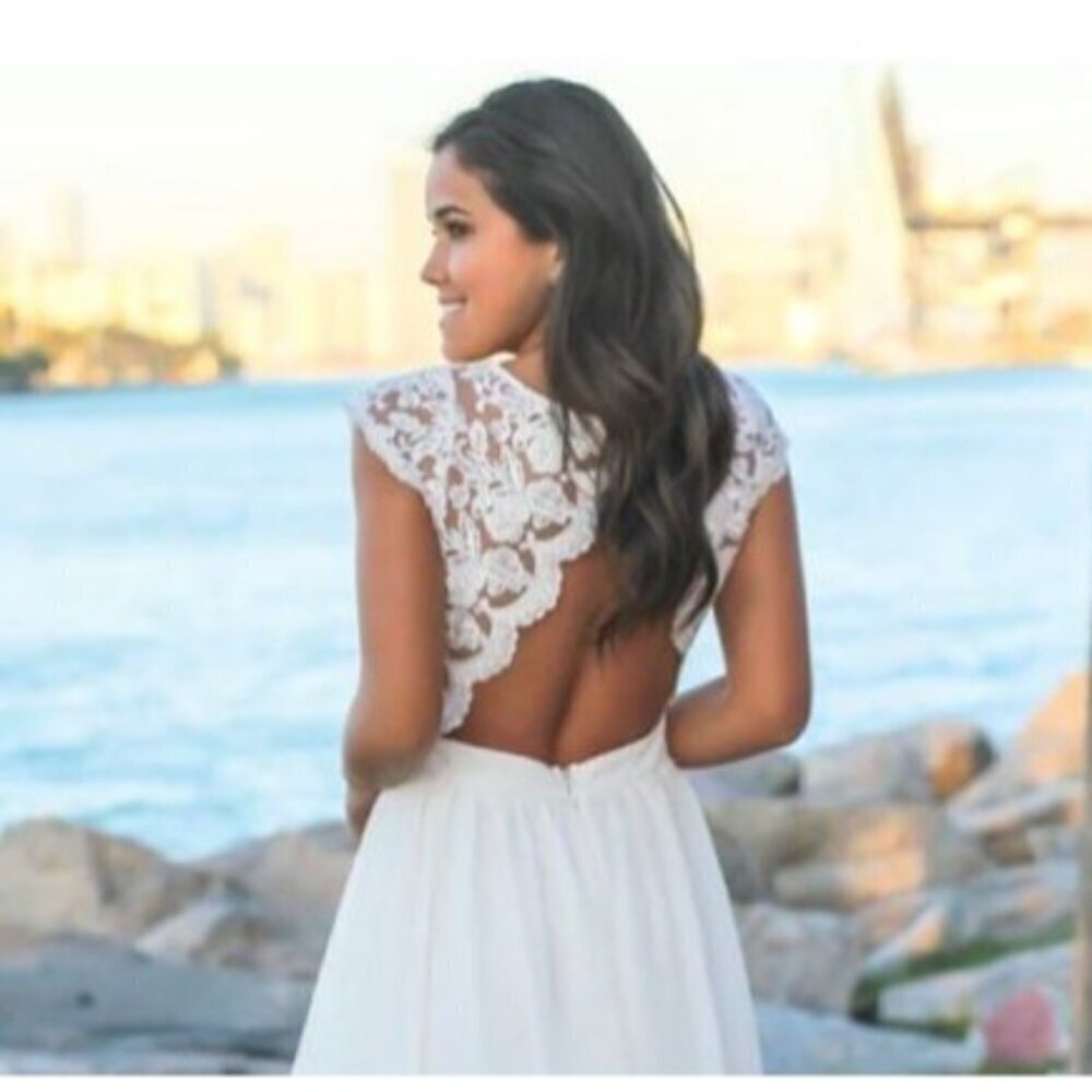 Soieblu Dress S V Neck Keyhole Back Sleeveless Lace Baby Doll Boho Beach Wedding